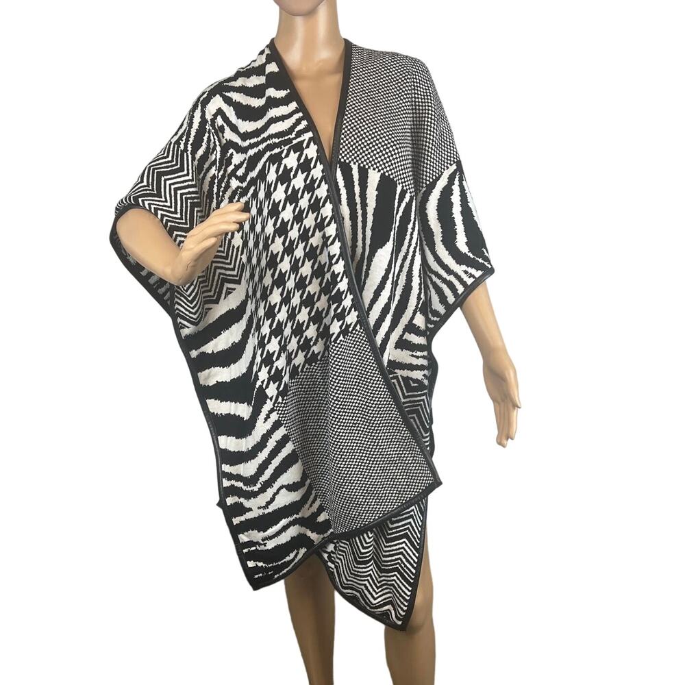 Chico’s Ruana Wrap Size S/M Zebra Mixed Knit NWT Colorblock Patchwork Versatile - Picture 1 of 11